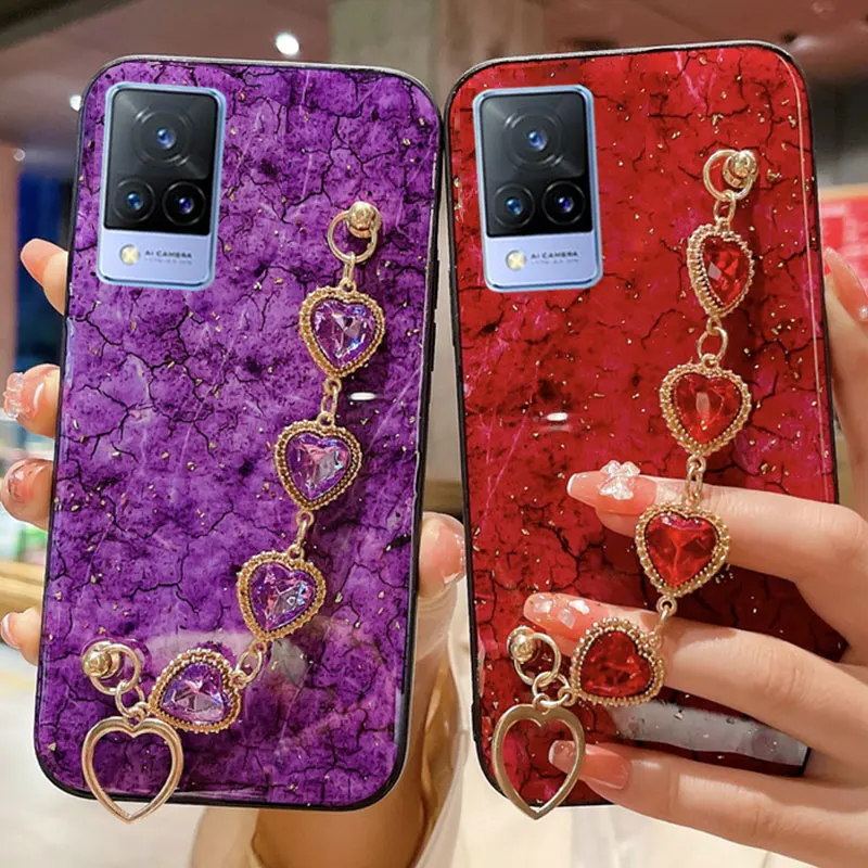 

Luxury Glitter Diamond Heart Bracelet Case For Vivo V21 Marble Case Cover For Vivo V21 Chain Shockproof Case V21 V21E 4G 5G