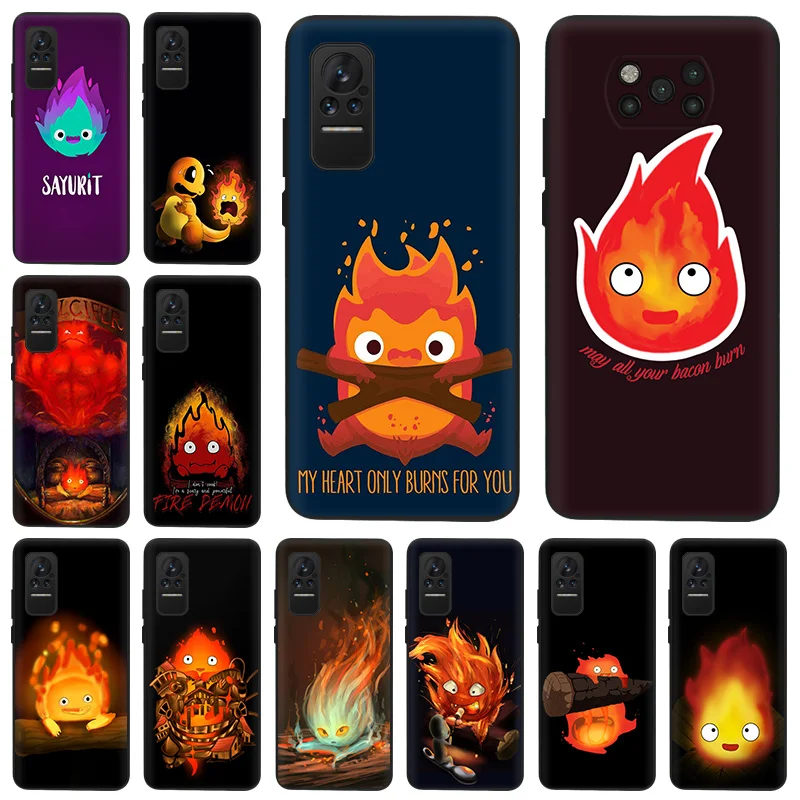

Cartoon Cute Calcifer Black Matte Anti-Drop Phone Case For Xiaomi Mi Poco X4 X3 Pro NFC M4 M3 F3 GT F1 A2 9 8 Lite 9T Soft Cover