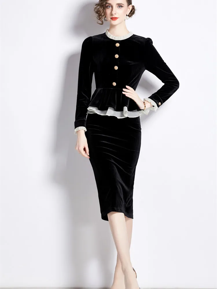 

Autumn Winter Black Velvet Patchwork Ruffled Fake Two Piece Dress 2024 Elegant Luxury Prom Clothes Women Korean Vintage Vestidos