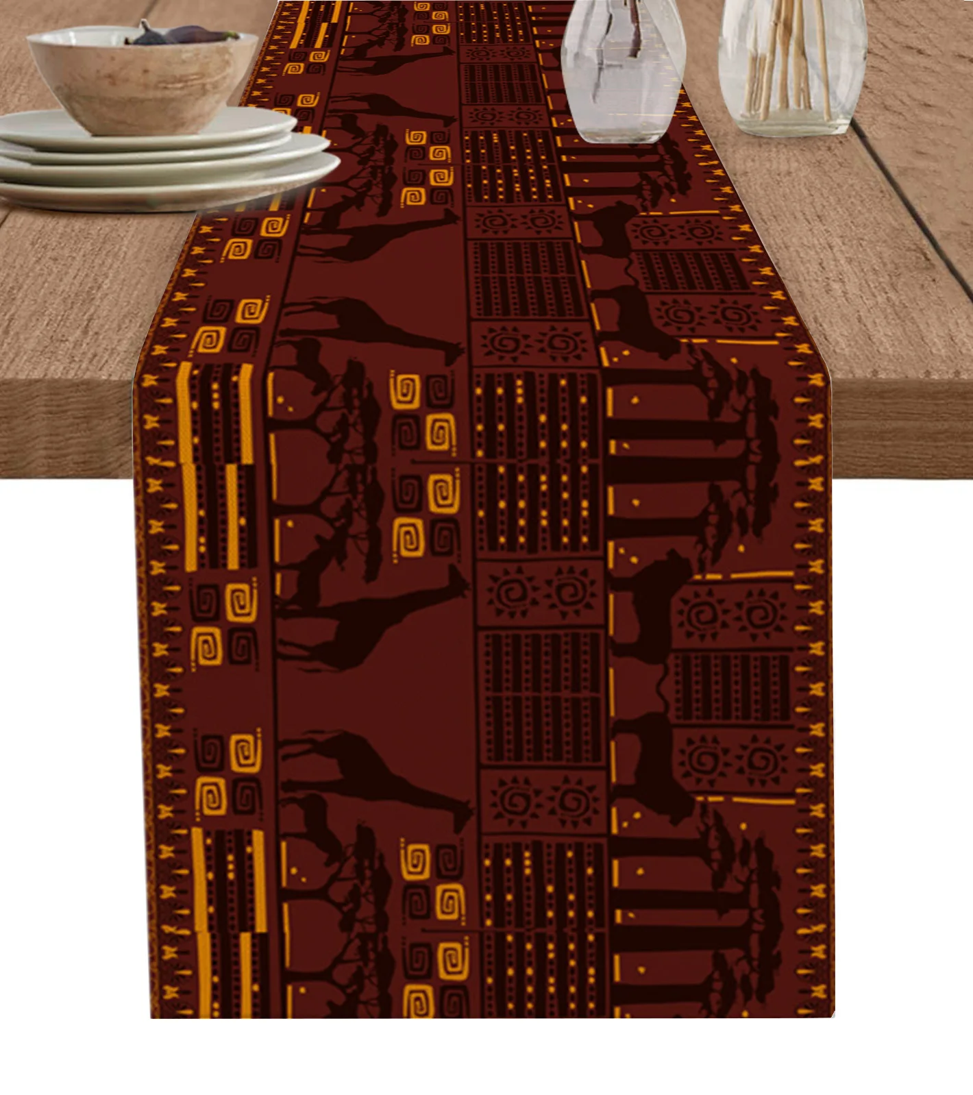 

African Giraffe Lion Silhouette Table Runner Wedding Party Table Decor Cotton Linen Tablecloth Holiday Dining Table Cover