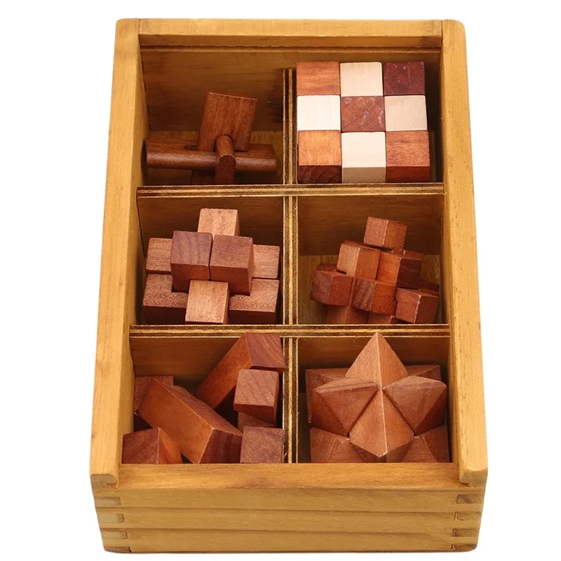 

6 Pcs/Set High Quality Early Educational Toys New Design Kong Ming Lock 3D Puzzle Wooden Interlocking Puzzles Game