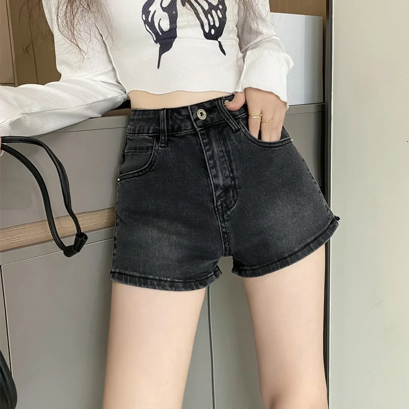 Retro minimalist denim shorts jeans for women in 2023, new high waisted outerwear with spicy girls' elastic A-line straight leg