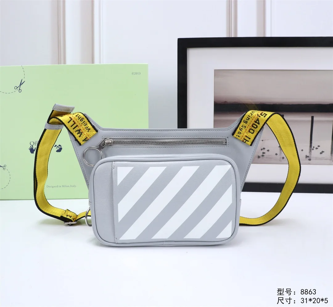 

2024 Fashion OFF WHITE Tide Bag Waist Bag Clip Bag Women Printed Black White Stripe Double Bag Strap Bag Leather Crossbody