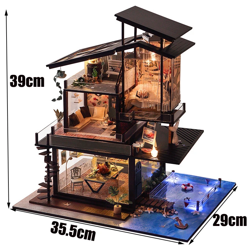 

DIY Wooden Dollhouse Miniature Kit Valencia Coast Large Casa Doll House with Furniture Big Villa Adults Girls Birthday Gifts