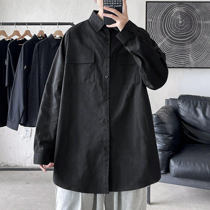 EOENKKY/Men Preppy Trendy Solid Shirt Mens Spring Autumn Streetwear Shirts Male Long Sleeve Oversize Casual Loose Outerwear