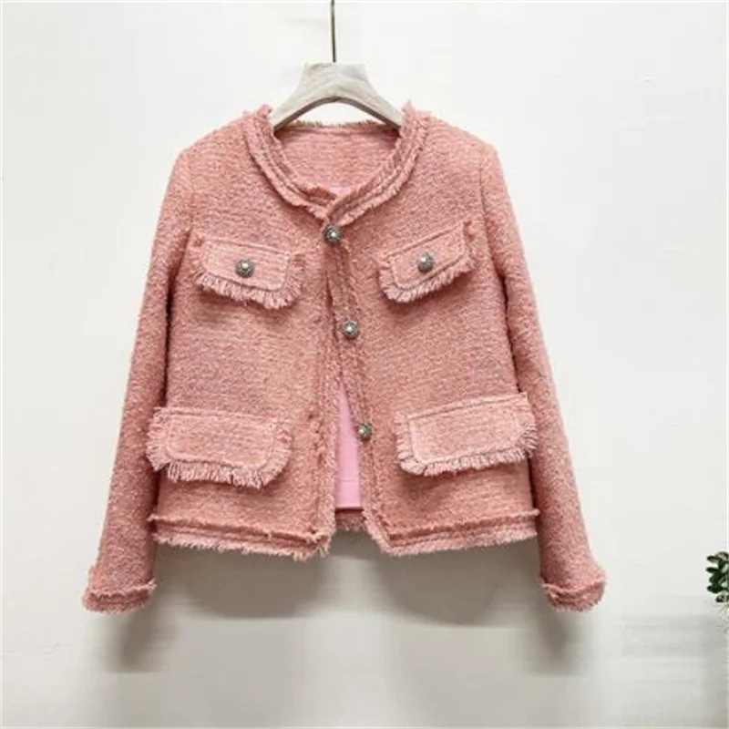 Spring short coat women's jackets new tweed french retro long sleeve wool clothes pink blue