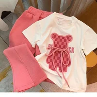girls summer sports casual suit clothing 2022 new cartoon cotton t shirt girls bear pattern flared pants two piece set