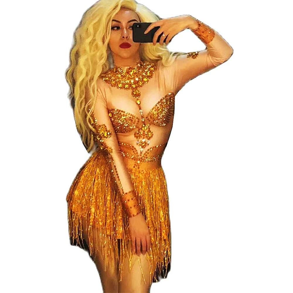 

Gold Shining Crystal Sparkly Rhinestones Long Sleeves Sexy Women Dress With Tassel Nightclub DJ Clothing Jazz Latin Costume