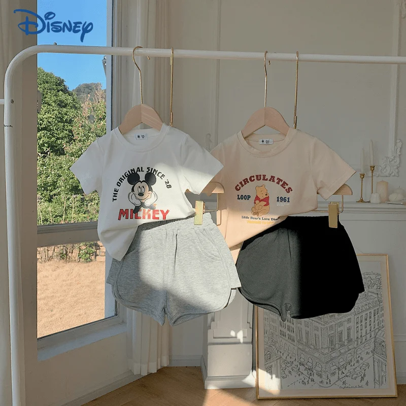 

Disney Mickey Pooh Baby Girl Boy Cotton Clothes Set T-shirt+Shorts Short Sleeve Clothing Suit Pullover Baby Clothes 18M-10Y