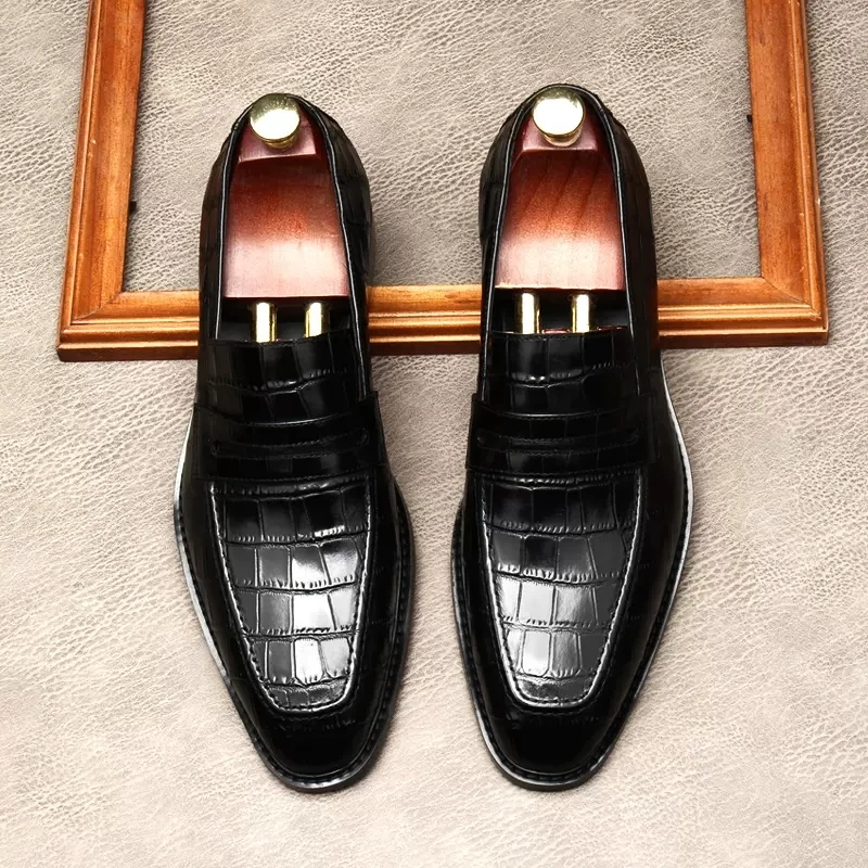

Crocodile Pattern Men Oxford Dress Shoes Genuine Leather Square Head Slide On Formal Italian Man Loafers Black Office Shoes
