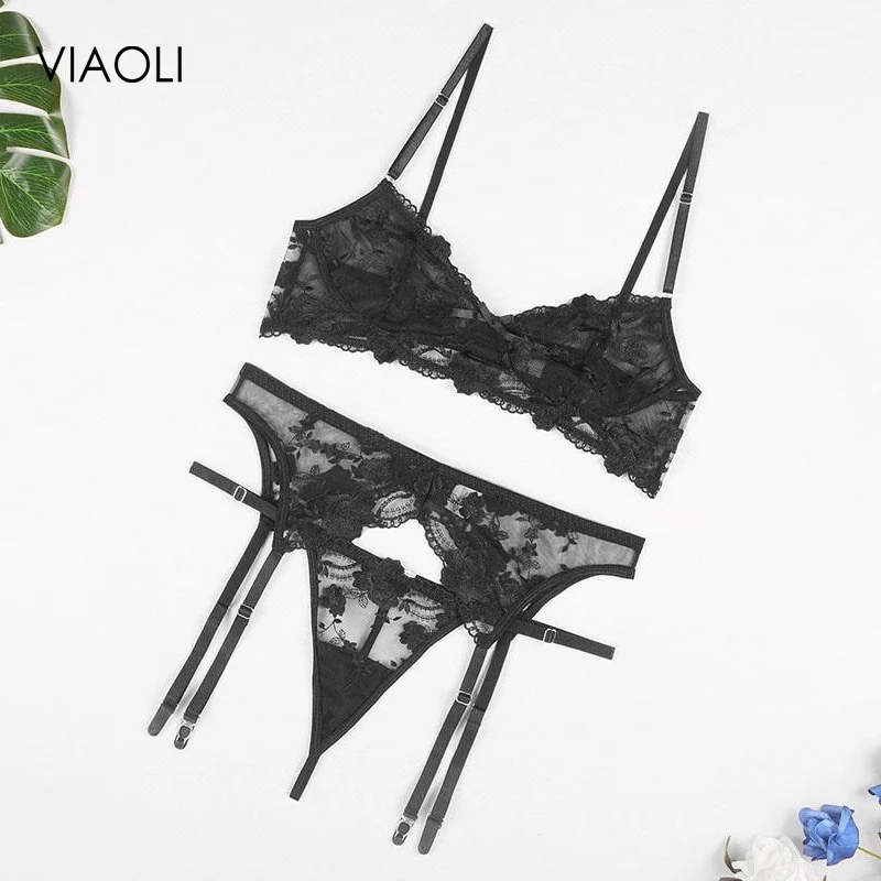 

Fashion Women's Erotic Underwear Thin Section See-Through Mesh Embroidery Sexy Lingerie Underwire Bra Garter Belt Thong Suit