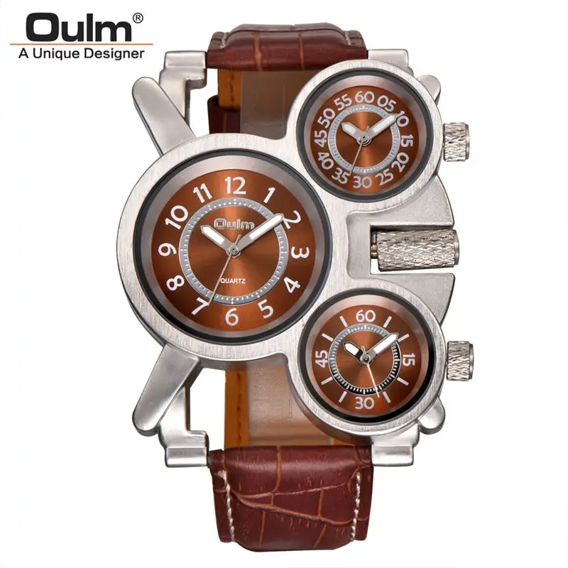 

Oulm 1167 Men Watches Three Time Zone Casual Leather Strap Wristwatch Luxury Brand Male Quartz Watch Relogio masculino