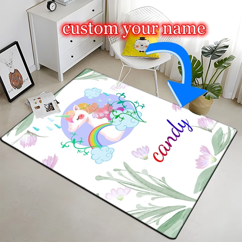 Unicorn Custom Name Cartoon Painting Carpet for Living Room Large Area Rug Black Soft Home Decoration Son Daughter Birthday Gift