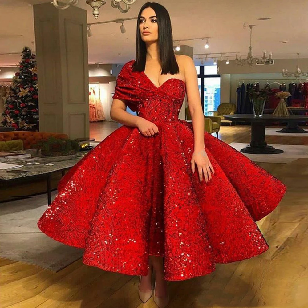 

Puffy Ball Gown Red Sequins Wedding Evening Dresses Sweetheart One Shoulder Special Occasion Gown Saudi Arabic robe de mariée