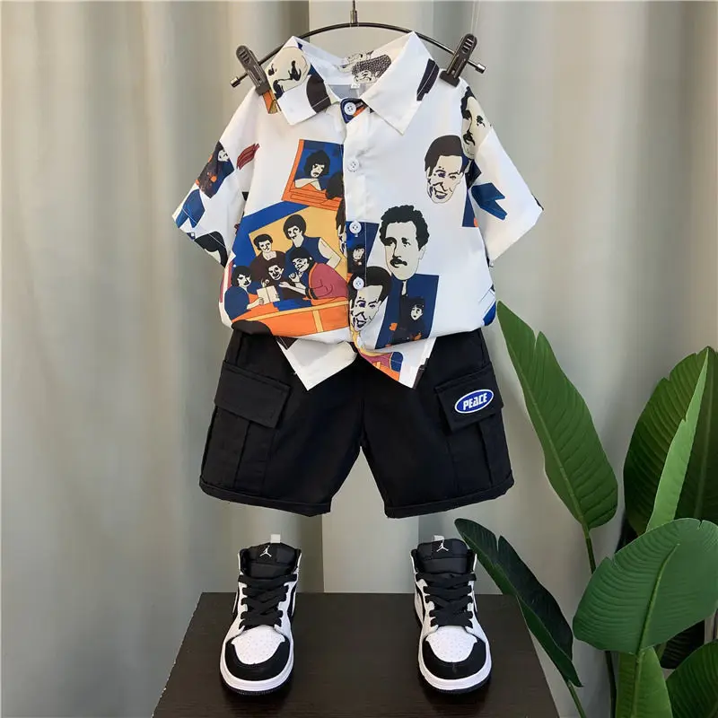 Boy's Shirt Suit 2022 New Children's Summer Western Style Fried Street Short Sleeve Baby Cool Handsome Clothes