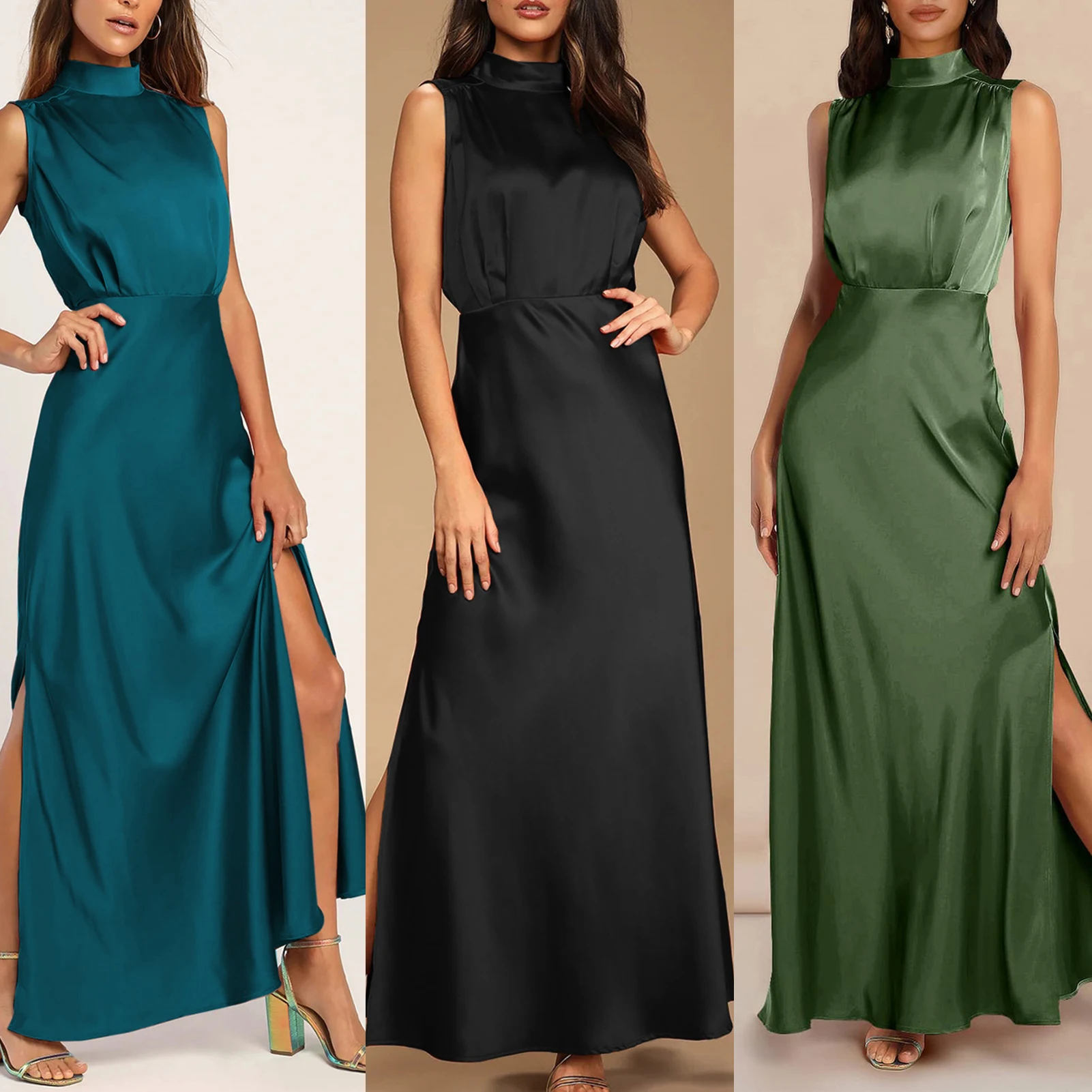 

Women Cocktail Party Dress Mock Neck Satin Formal Occasion Dress Side Slit Elegant Fashion Sleeveless Temperament Club Vestidos