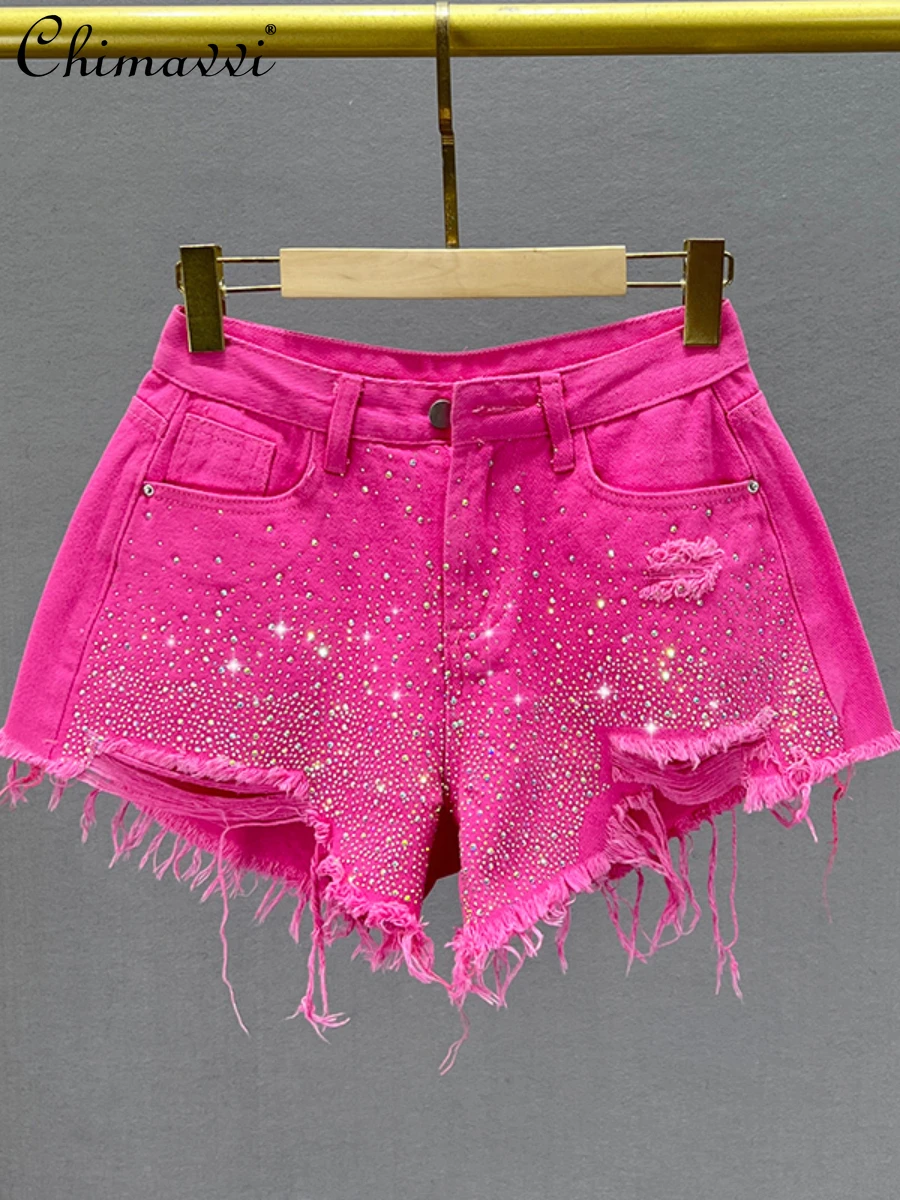 

Тяжелые Рваные джинсовые шорты, женские горячие брюки, Новинка лета 2022, стройнящие европейские брюки Стразы с высокой талией и широкими шта...