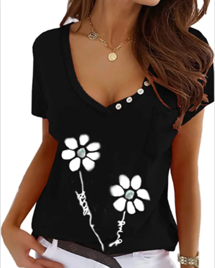 

Женская футболка с V-образным вырезом, коротким рукавом и карманом