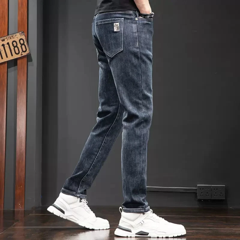 Autumn Winter Men Blue Jeans Casual Slim Fit Straight Pants Streetwear Fashion Embroidery Denim Trousers CP2179