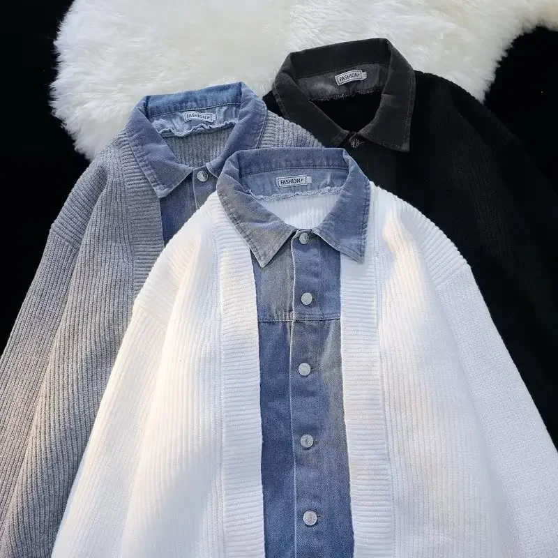 Мужской джинсовый вязаный кардиган высокого качества куртка из двух частей