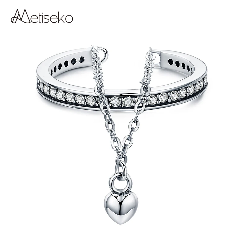 

Metiseko 925 Sterling Silver Heart Shape Pendant Tassel Chain Ring Rows of Cubic Zirconia Band Resizable Open Ring for Women