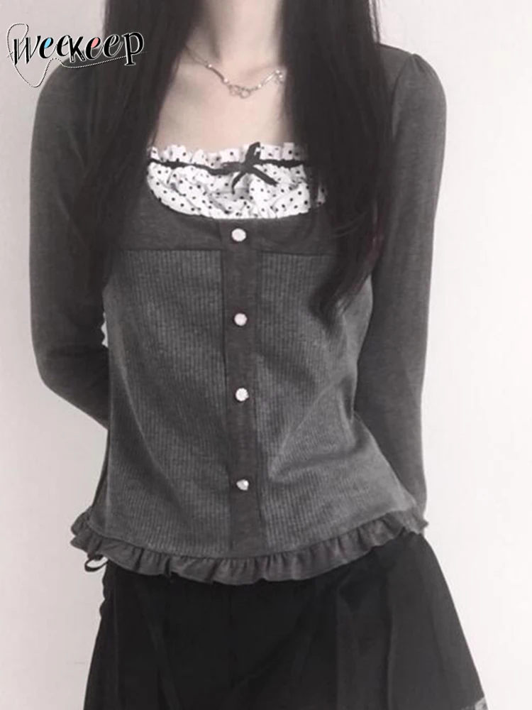 Женский короткий топ с рюшами Weekeep повседневный трикотажный серый Топ длинным