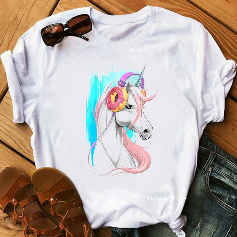 

Watercolor Giraffe Wearing Donut Headphones Listening To Music Print T-Shirt Women'S Clothing Funny White Tshirt Femme Tops