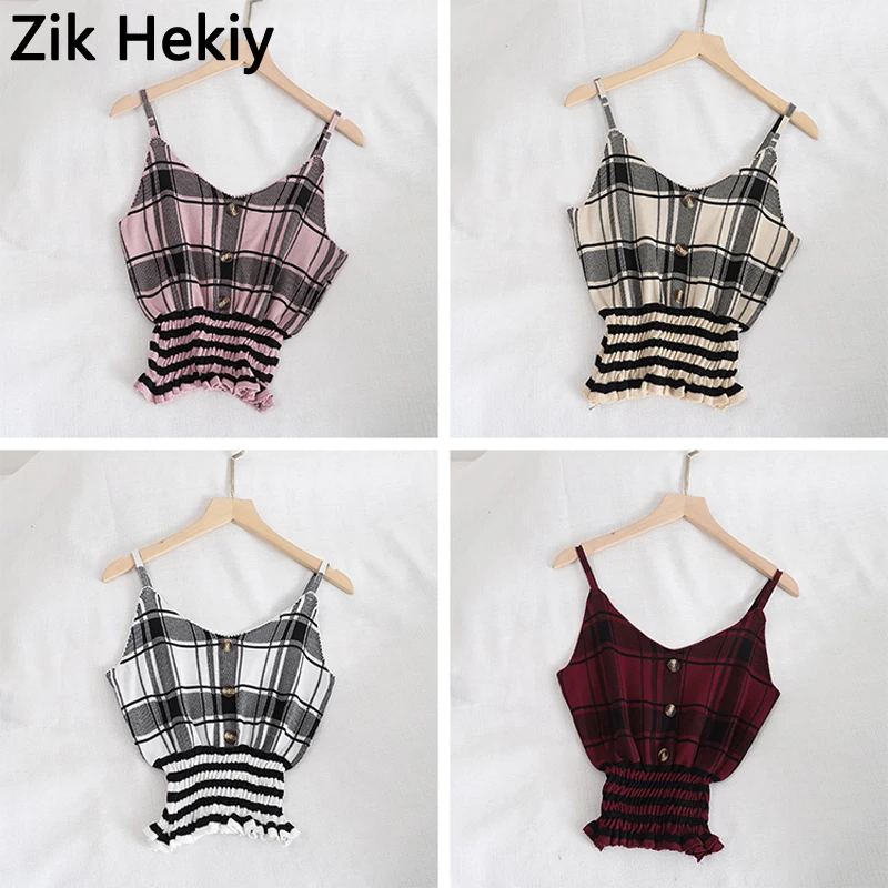 

Zik Hekiy Women Summer Knitting Camisole Plaid Spaghetti Strap Cropped Tops Buttons Front Smocked Hem Slim Fit Casual Tops