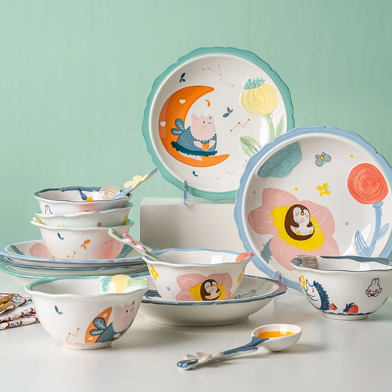 

Cartoon Cute Hand-painted Tableware, Bowls, Dishes, One Person Dining Ceremony, High-end Tableware, Dishes, Household Rice Bowls