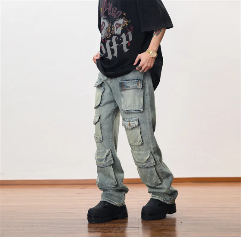 Hip Hop Cargo Denim Pants Streetwear Plain Denim Pants Mens Harajuku Cotton Casual Joggers Jeans Loose Straight Pants Trousers