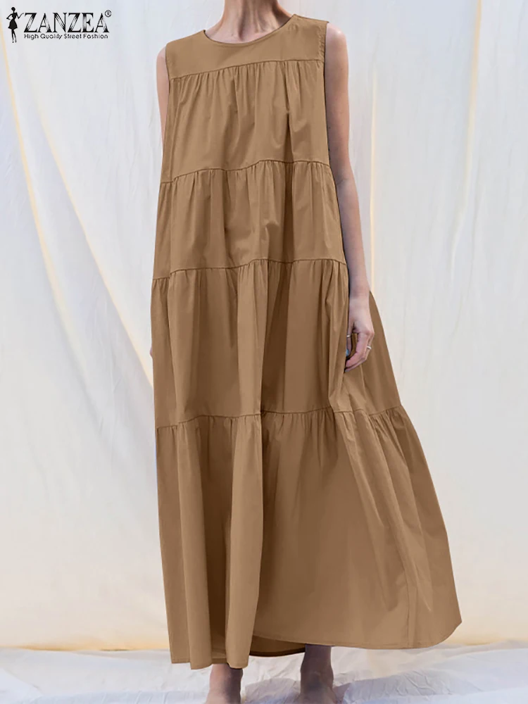 

ZANZEA Fashion Ruffles Sundress Stylish Solid A-line Beach Holiday Maxi Vestido Summer Women Sleeveless Long Dress Sarafans 2022