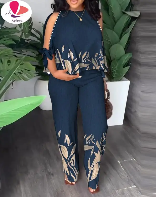 APIPEE Two Piece Sets Women Outifit Summer Plants Print Split Sleeve O-Neck Top &amp Casual Straight Leg Pants Set Streetwear