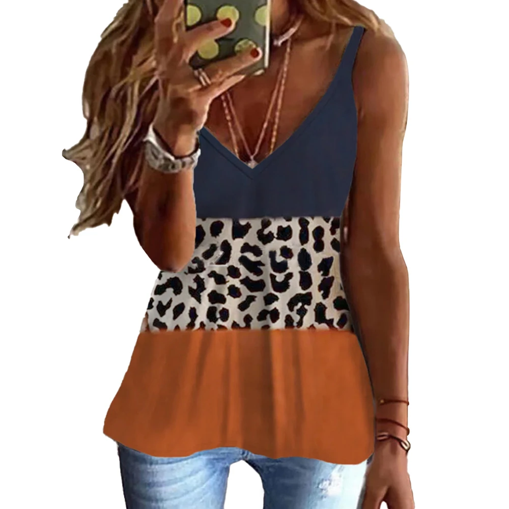 

Women Summer Tanks Patchwork All Match Woman Fashion Printed V-neck Tee Sleeveless 2022 High Street Tops