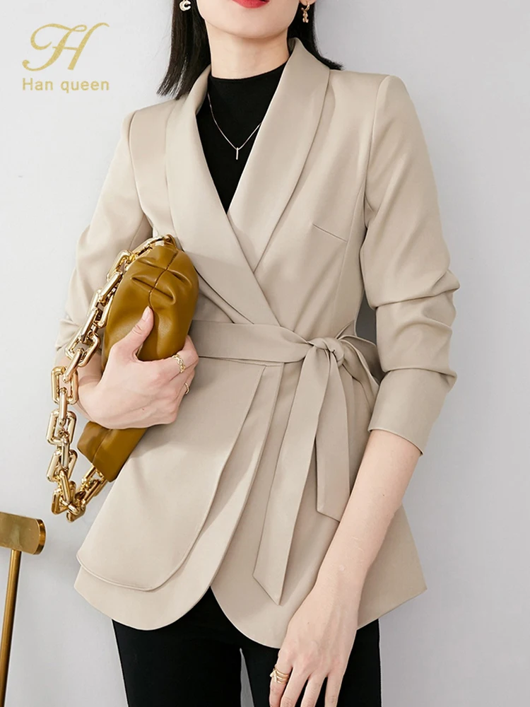 

H Han Queen New Arrival Autumn Women Blazer OL Work Casual Korean Lace-Up Commuter Design Coat Elegant Simple Occupation Jacket