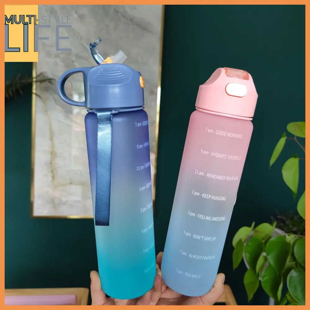 

1000ml Large Capacity Water Bottle Straw Cup Gradient Color Plastic Water Cup With Time Scale Marker Outdoor Sports Bottle Cup