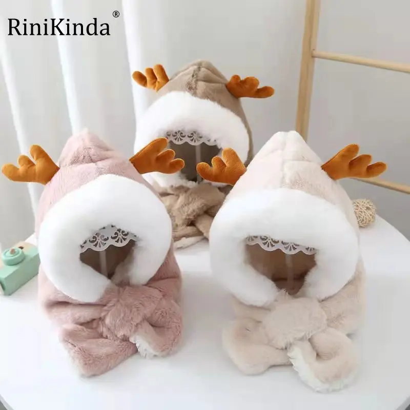 

RiniKinda Baby Hat+scarf Winter Cute Antler Plush Warm Children Headgear Ear Protection Cartoon Cold Protection Newborn Kid Hat