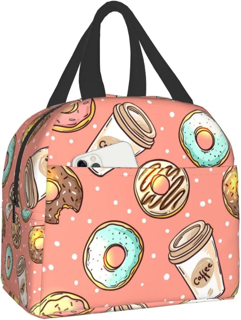 

Donuts With Coffee Dots Lunch Bags For Women Portable Cooler Tote Bag Large Reusable Insulated Lunch Box For Picnic Work