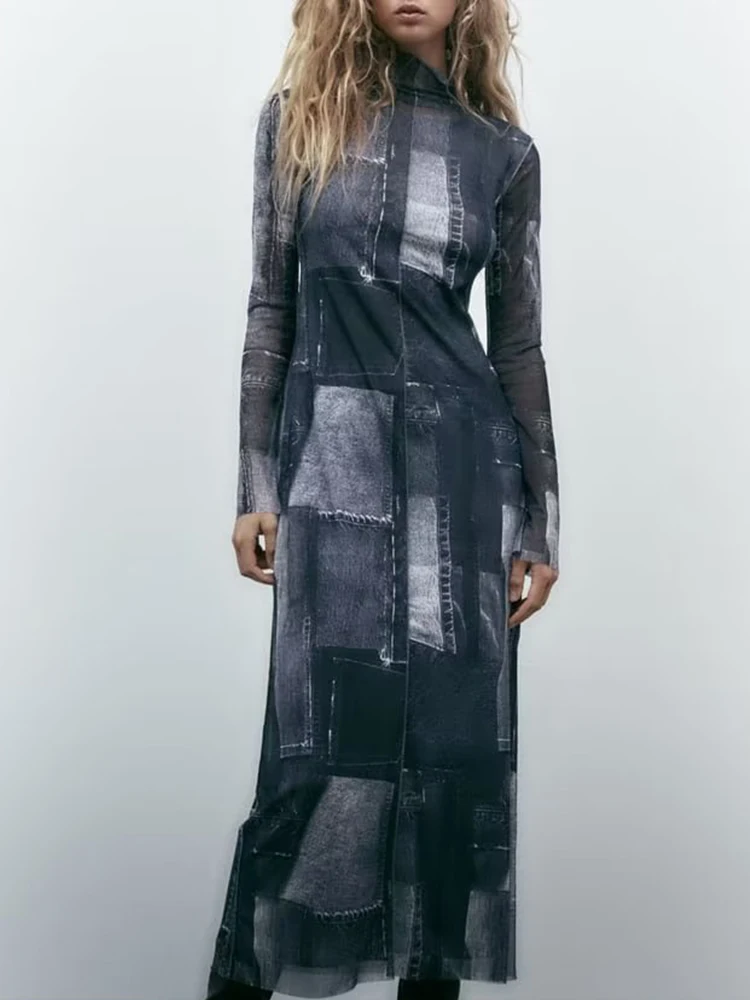 

2022 Women High Neck Patchwork Mesh Long Dress Vintage Female Sexy Vestido