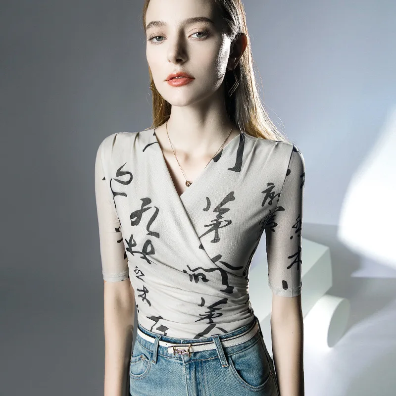 

High Quality 2023 Women Tops Print Gauze T-shirt Female Letter Clothing Spring Summer Sexy Crop Top Clothes Casual Blouse Y2k