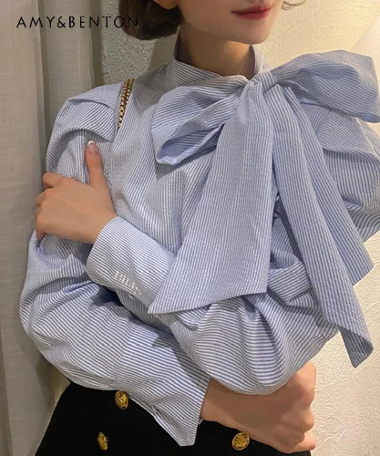 

Japanese Style Sweet Tie-Neck Big Bow Puff Sleeve Blouse Female 2023 Spring and Autumn New Elegance Long Sleeve Blouse Top Women
