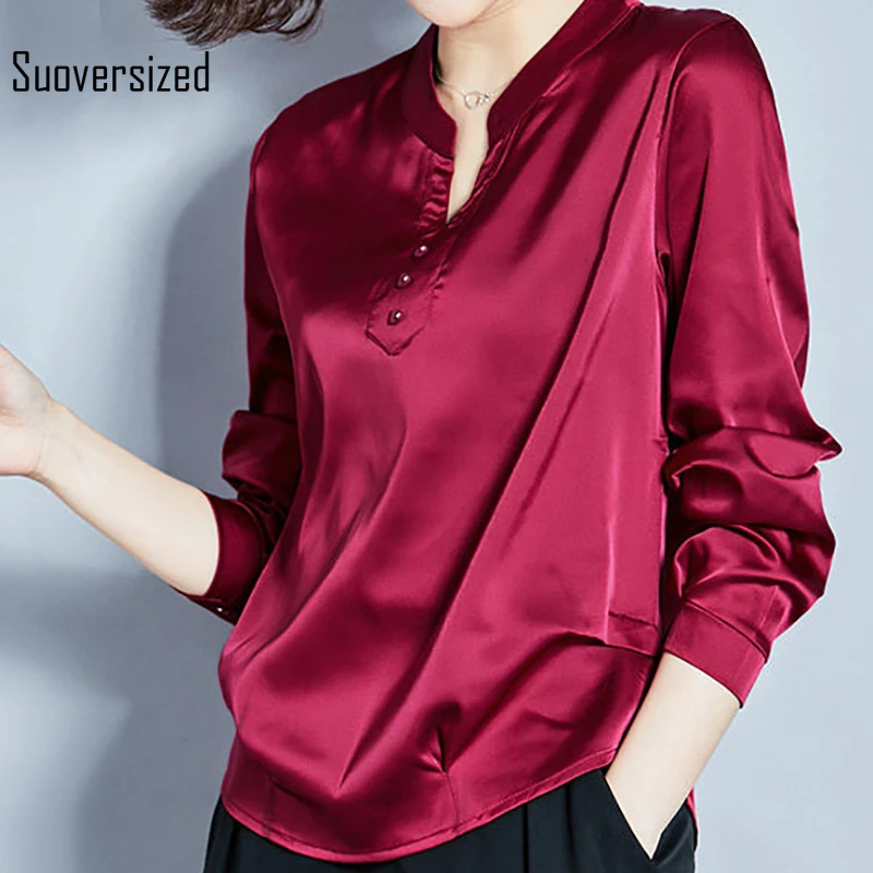 

Блузка женская свободного кроя с V-образным вырезом и длинным рукавом