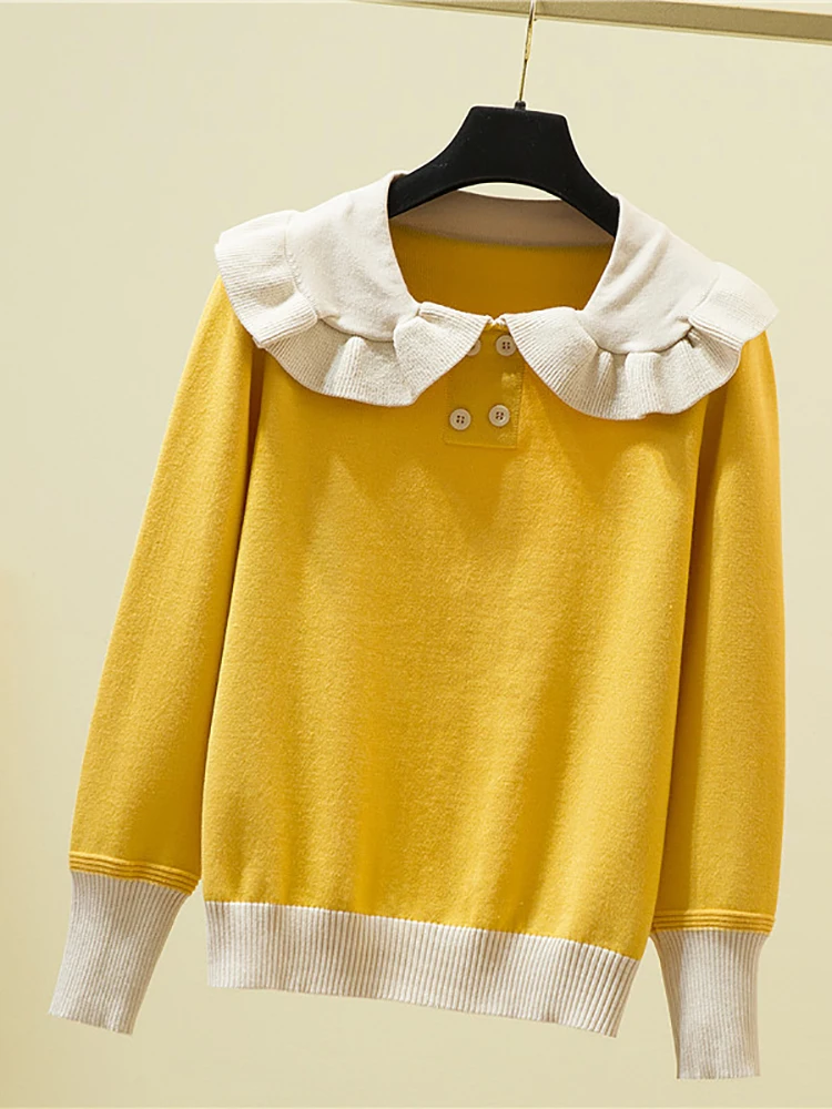 

Knitted Sweaters Peter pan Collar Sweater Women Pullover Autumn Long Sleeve Jumpers Korean Style Clothes Sueter Feminino Inverno
