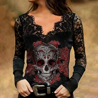 skull printed lace stitching floral ladies tshirt autumn gothic women blouses t shirt tops long sleeve sexy dropship wholesale