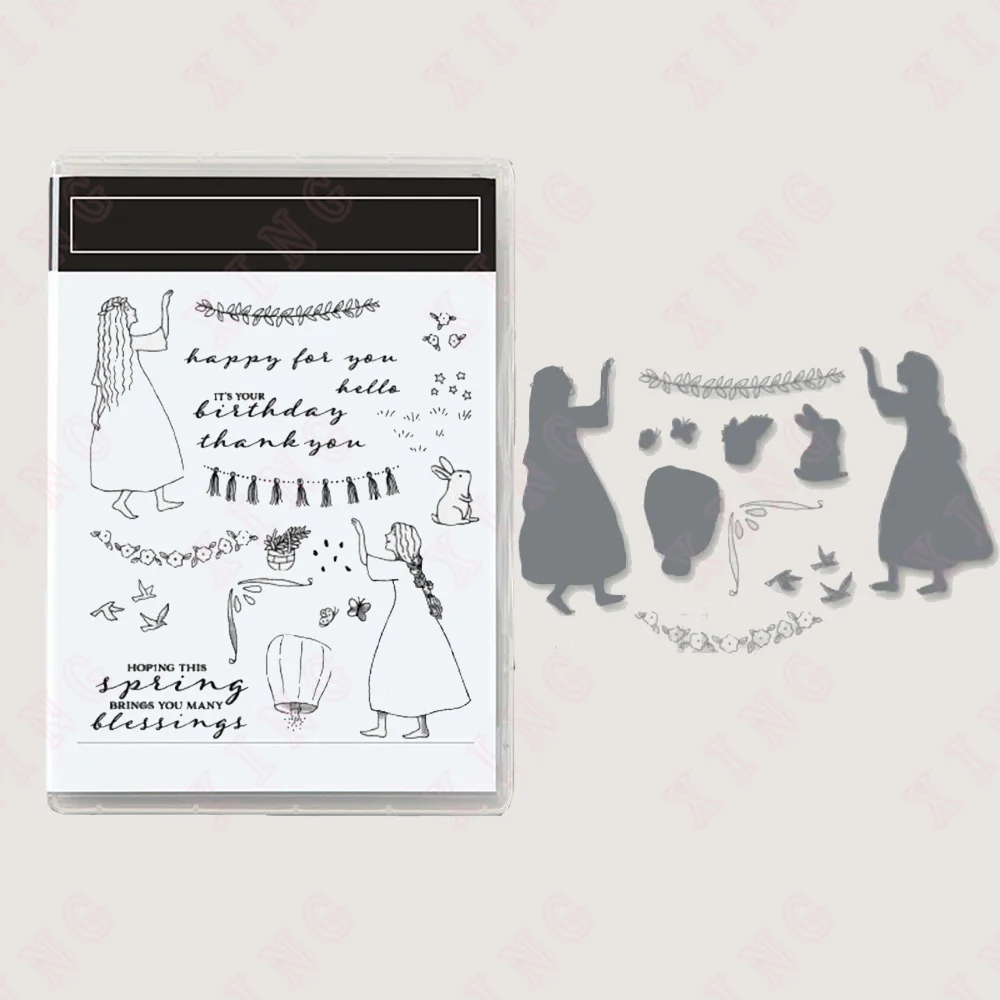 

Newest Metal Cutting Dies Diy Scrapbook Decoration Embossing Craft Rabbit Flower Beauty Mold Clear Silicone Stamps Happy Fou You