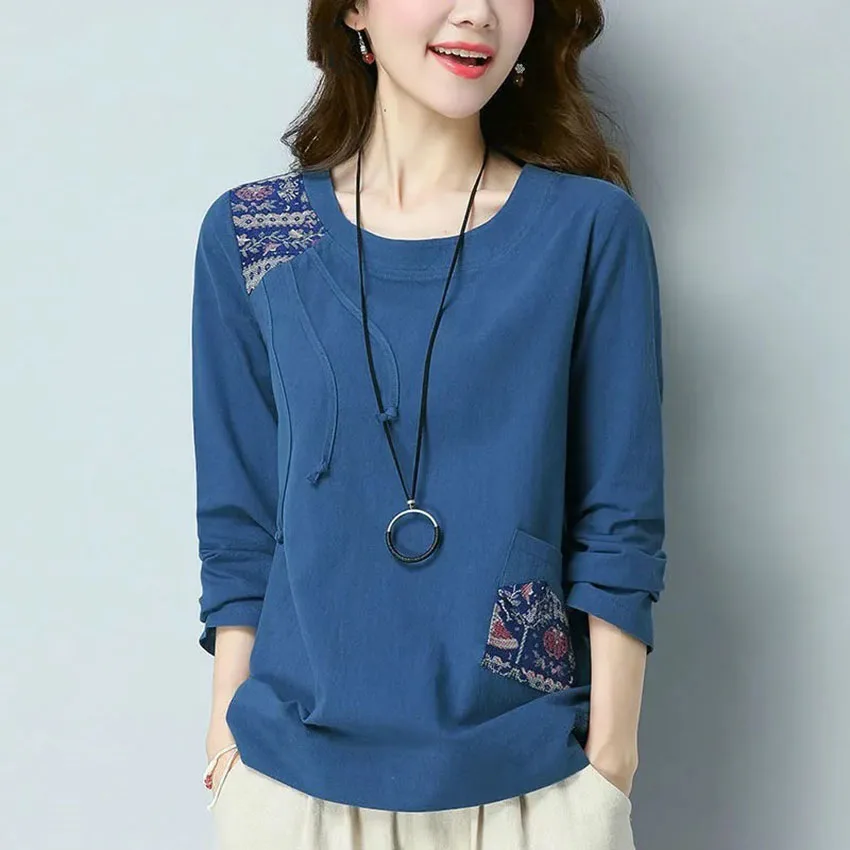 

2023 O Neck T Shirt Woman Autumn Long Sleeve Shirt Woman T-shirt Loose Korean Style Embroidery Women Shirts