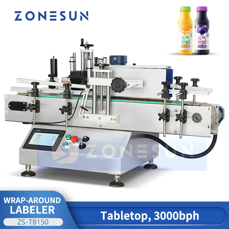 

ZONESUN Automatic Round Bottle Labeling Machine ZS-TB150 Plastic Glass Beverage Cosmetic Bottle Food Jar Can Adhesive Packaging