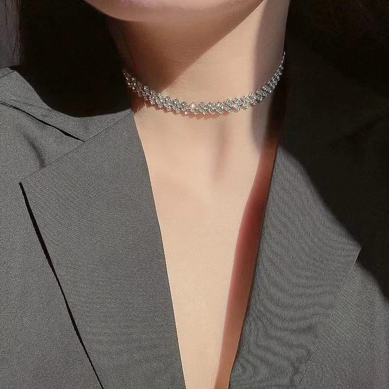 

Personalized Collar Fashion Ins Style Versatile Neckchain Women's Sweet Choker Full Diamond Necklace Tidal Net Red Ornament 1pcs