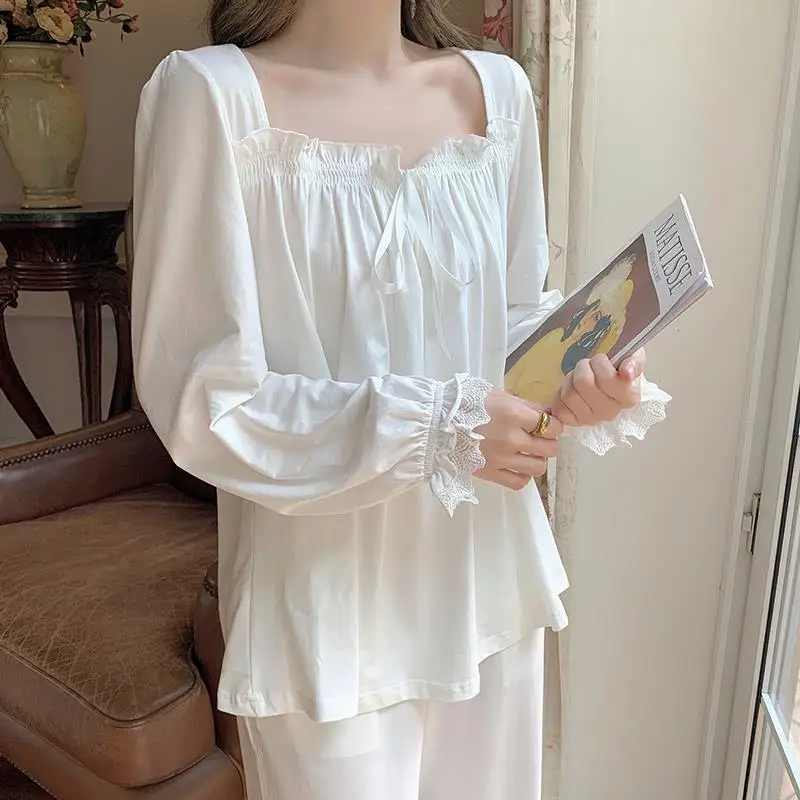 Autumn French pajamas set cotton White Nightwear Women long Sleeved Homewear Cute kawaii Lace Nightgowns Princess sleepwear