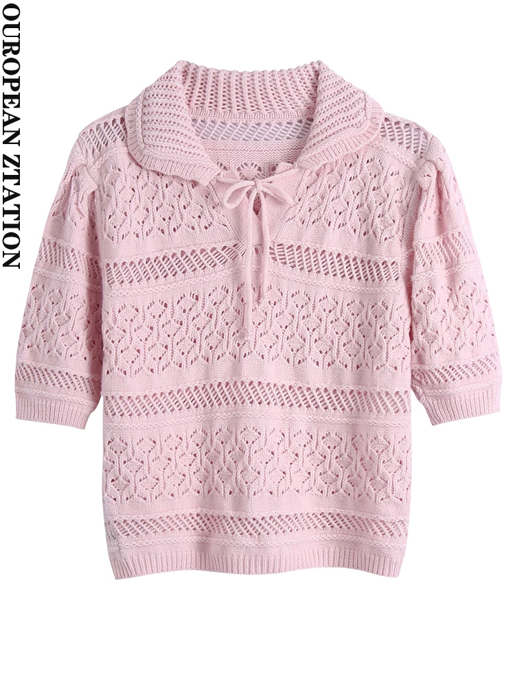 

Женский трикотажный свитер PAILETE, винтажный жаккардовый сетчатый пуловер с коротким рукавом и отложным воротником, 2022