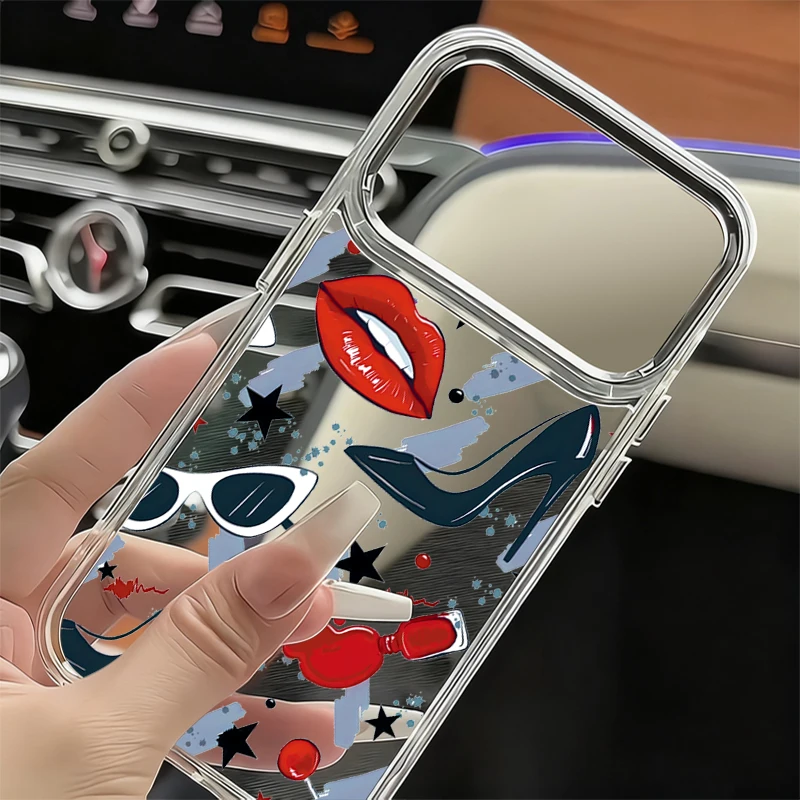 Фото Чехол для телефона с принтом красных губ для iPhone 17 Pro, 17e, 16, 15, 14, 13 Pro Max, 16e, 11, с гальваническим покрытием рамки камеры, мягкий ТПУ, прозрачная задняя крышка №4